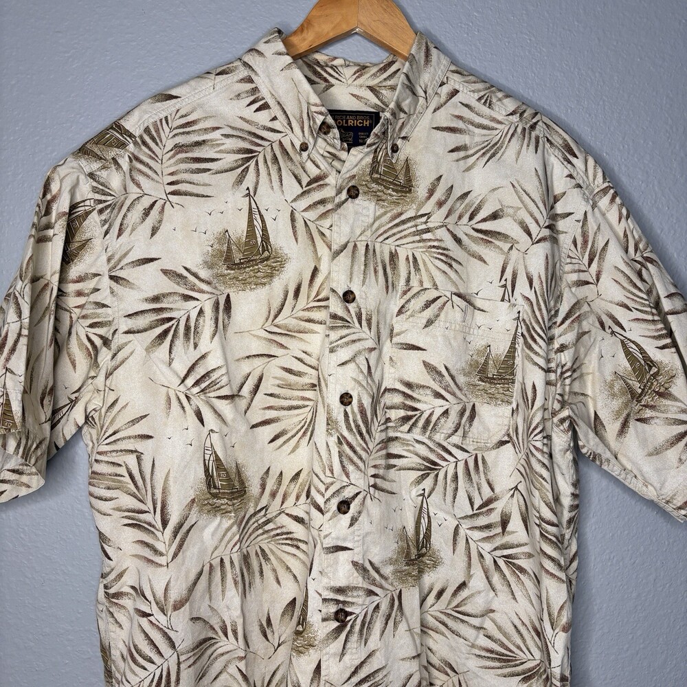 Woolrich Shirt Mens XL Beige Hawaiian Up Button Down Pocket Boat Short Sleeve